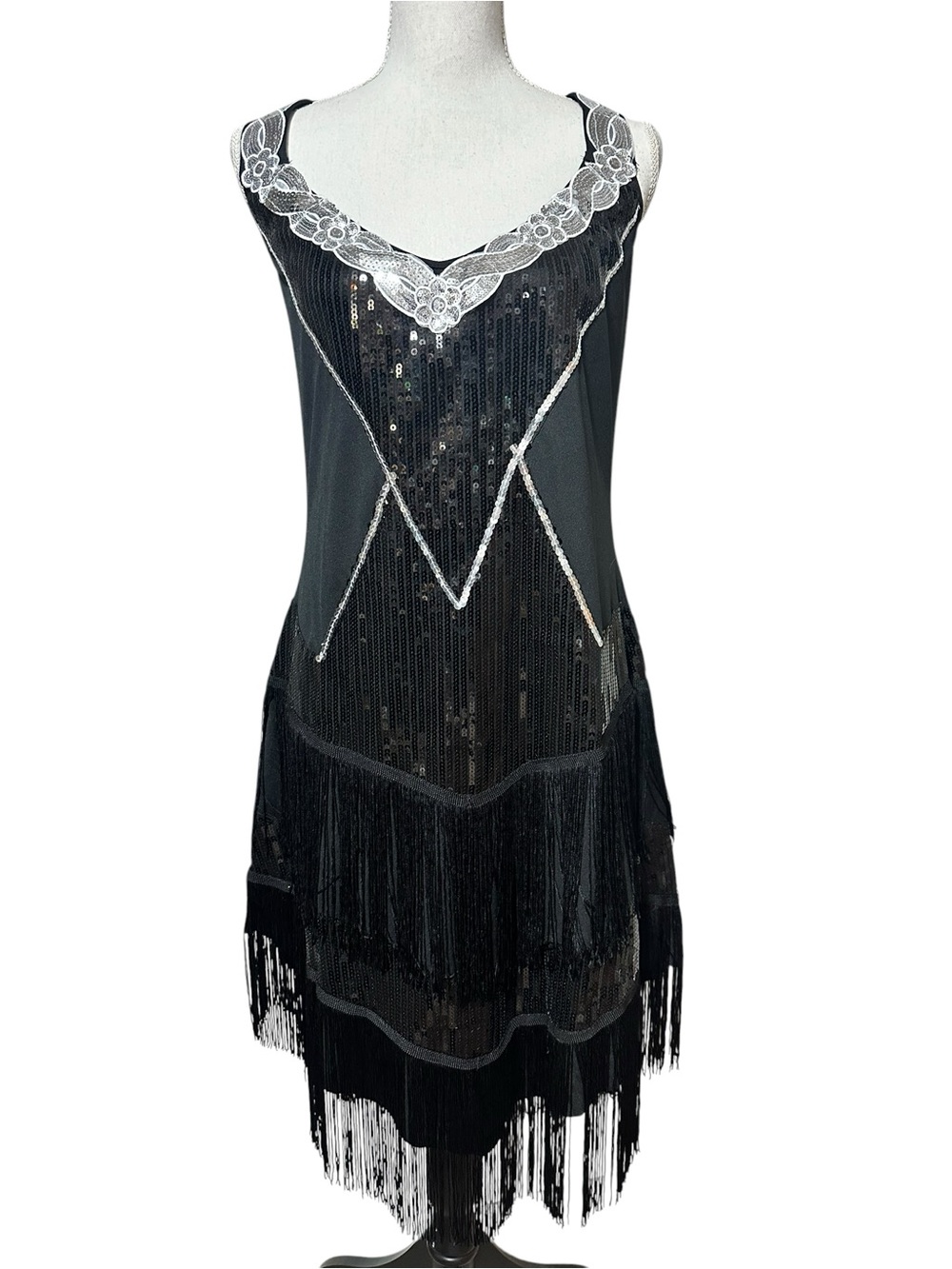 Leg Avenue Black Sequined Fringe Slip with White Lace Trim